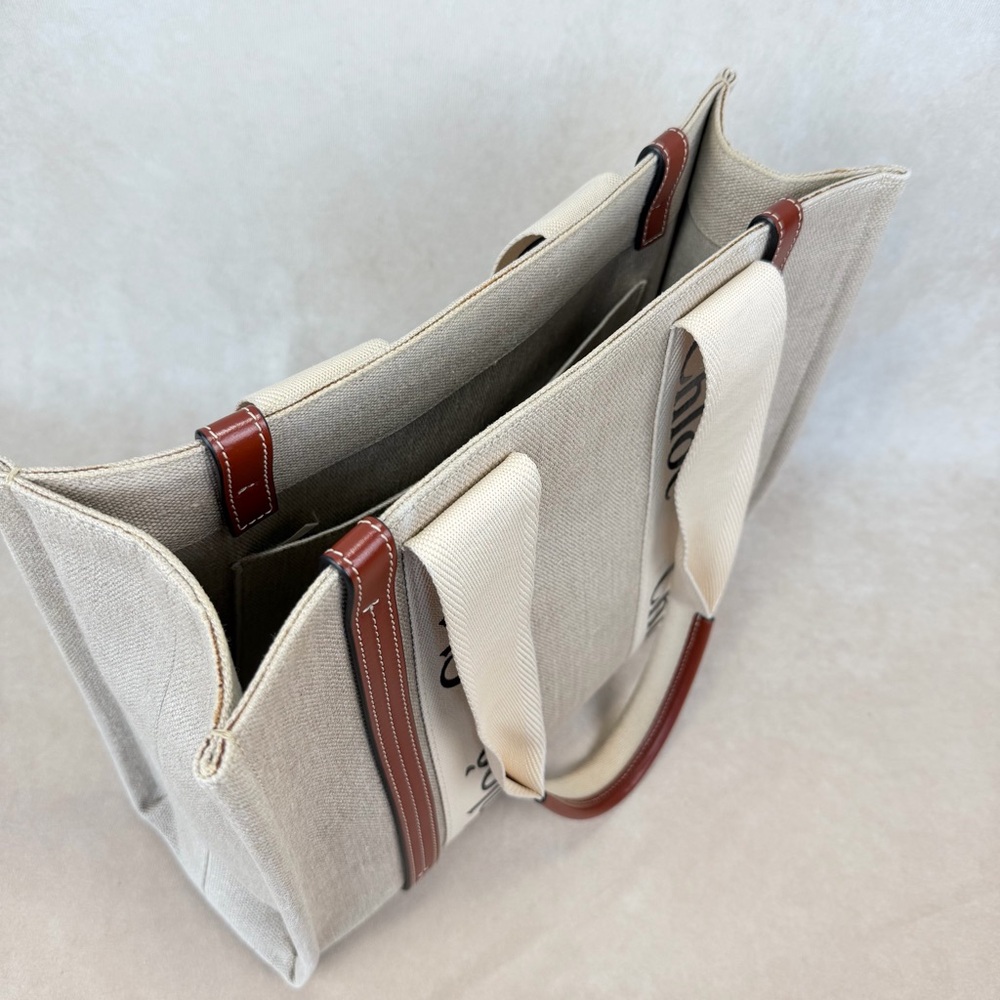 Chloé Woody Medium Tote Beige Linen Canvas Logo Strap Brown Leather Trim - Picture 12 of 17